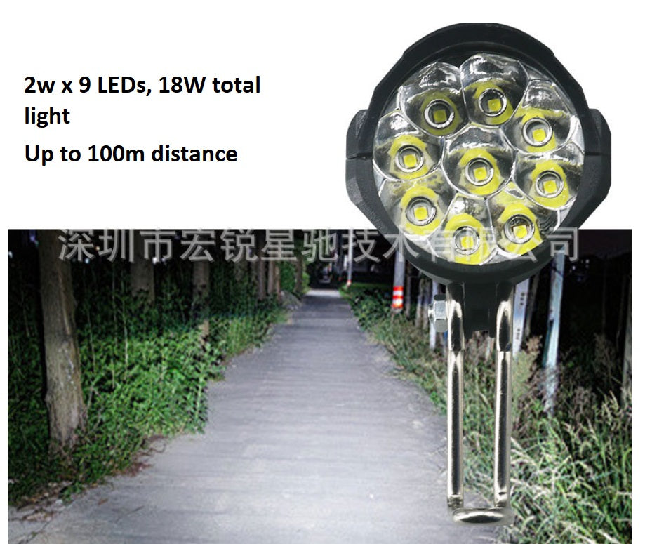 E Bike Front Light with horn 36V 48V 60Vdc compatible 9 LEDs 18W