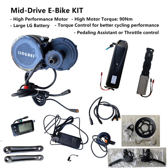 Mid-Drive E-Bike KIT - High Torque 48V 500W Motor 90Nm, 16Ah LG Battery