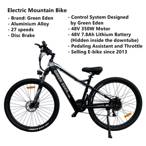 Electric Mountain Bike - 29", 27 Speeds, Aluminum, 48V Motor, 7.8Ah, Black/White
