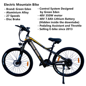 Electric Mountain Bike - 27.5", 27 Spds, Aluminum, 48V Motor, 7.8Ah, Matt Black