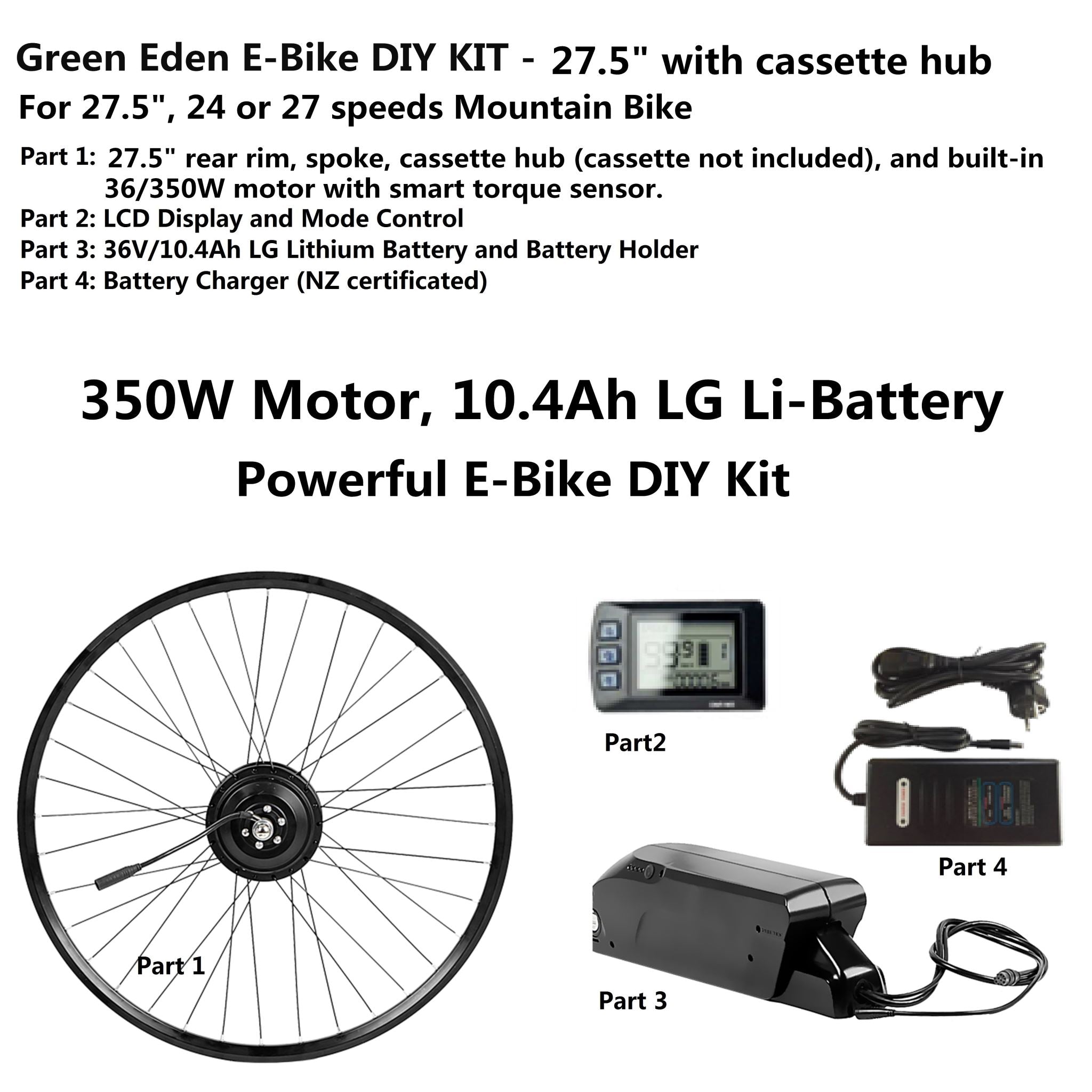 E Bike DIY Kit convert 27.5 bike to E Bike 350W 15.6Ah Throttle Green Eden E Bikes