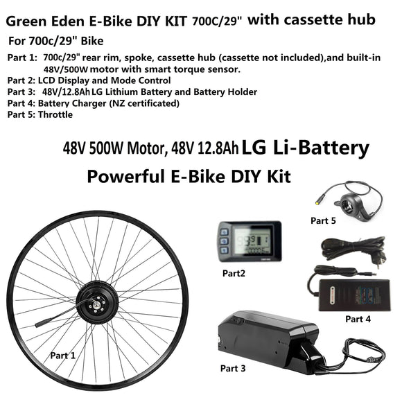 E-Bike DIY Kit - convert 700c/29” bike to EBike, 48V 500W, 12.8Ah LG Battery