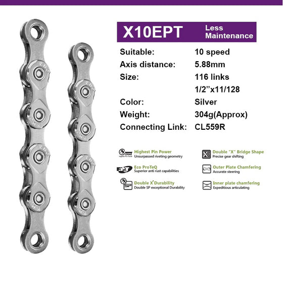 Bike Chain KMC X10EPT 10 SPEED CHAIN - EcoProTeq Anti-Rust Technology