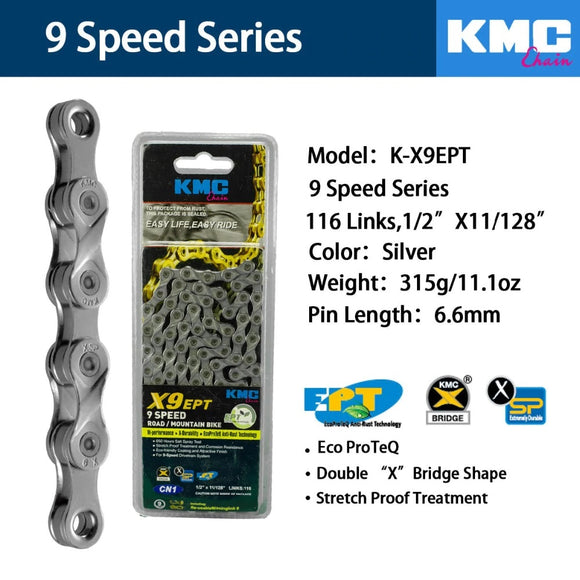 Bike Chain KMC X9EPT 9 SPEED CHAIN - EcoProTeq Anti-Rust Technology