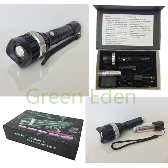Torch 8066, CREE T6 LED Zoomable Focus Flashlight 3 Modes - 1000LMs. Black Body